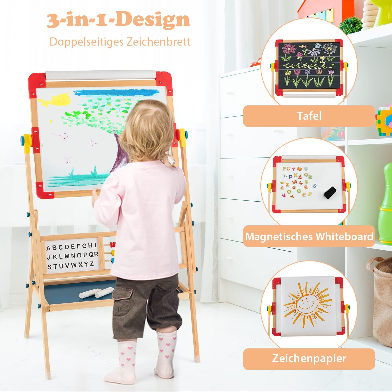 COSTWAY Kindertafel 360°drehbar, Spieltafel doppelseitig mit Kreidetafel & Whiteboard, Magnettafel Holz mit Ablage, Papierrolle, Abakus, Uhr & Alphabet, Standtafel für Kinder ab 3 Jahren