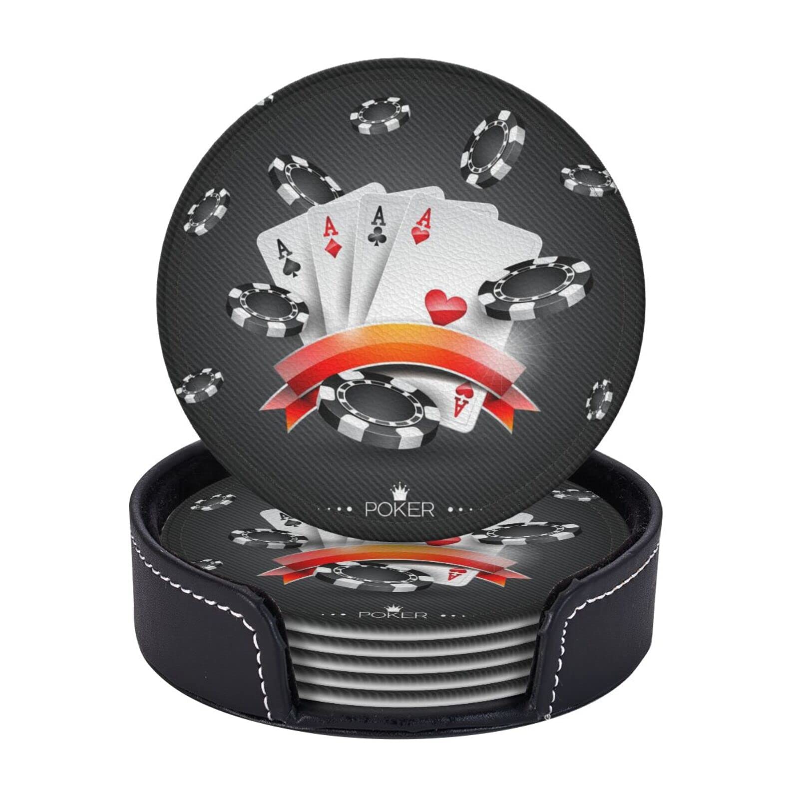 AUGUSTRUSH Round PU Leather Coasters Set of 6, Poker Tournament Print coaster with Storage Box, Heat-Resistant Non-Slip Drink Pads for Kitchen Desk Office Dining Table