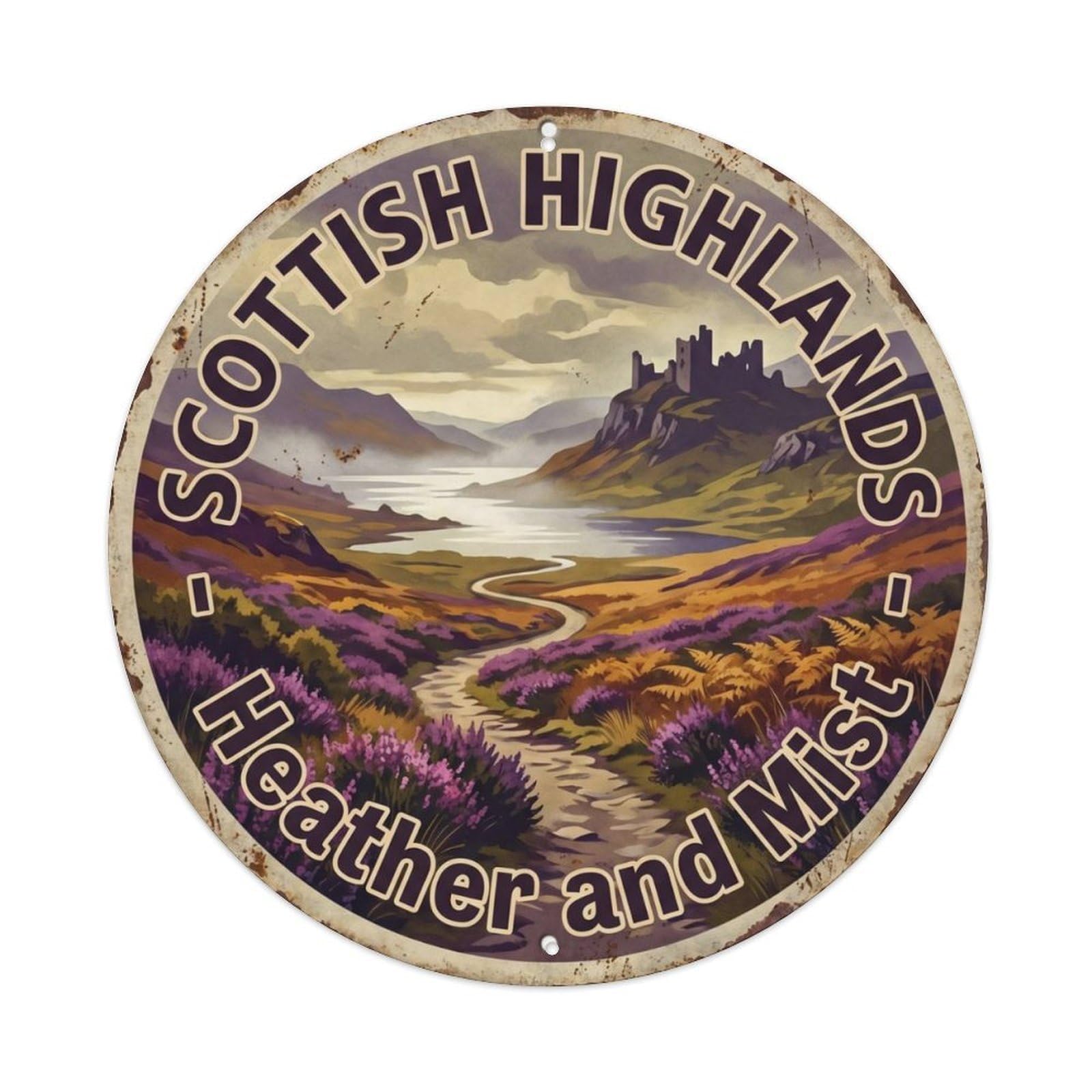 Vintage Travel Scottish Highlands Autumn Heather Metal Tin Sign Plaque Wall Decor for Cafe, Club Bar, Office, Home Garden Round Metal Poster 8x8Inch