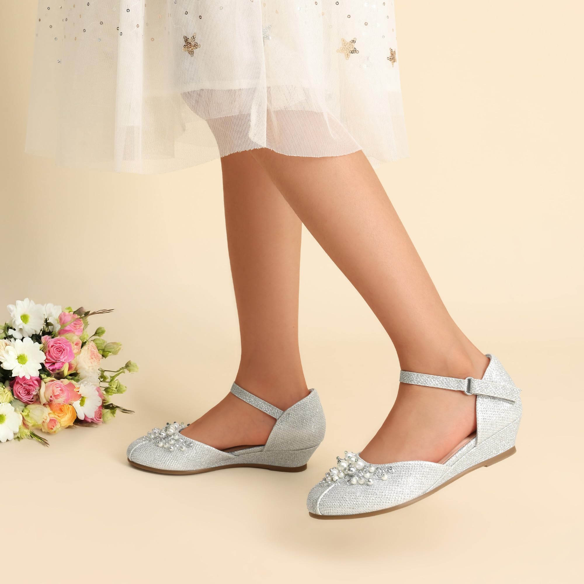 DREAM PAIRS Dziewczęce buty do sukienki maluch małe duże dziewczynki obcasy niskie koturny czółenka z perłami stras dla dziewczynki kwiat księżniczka wesele