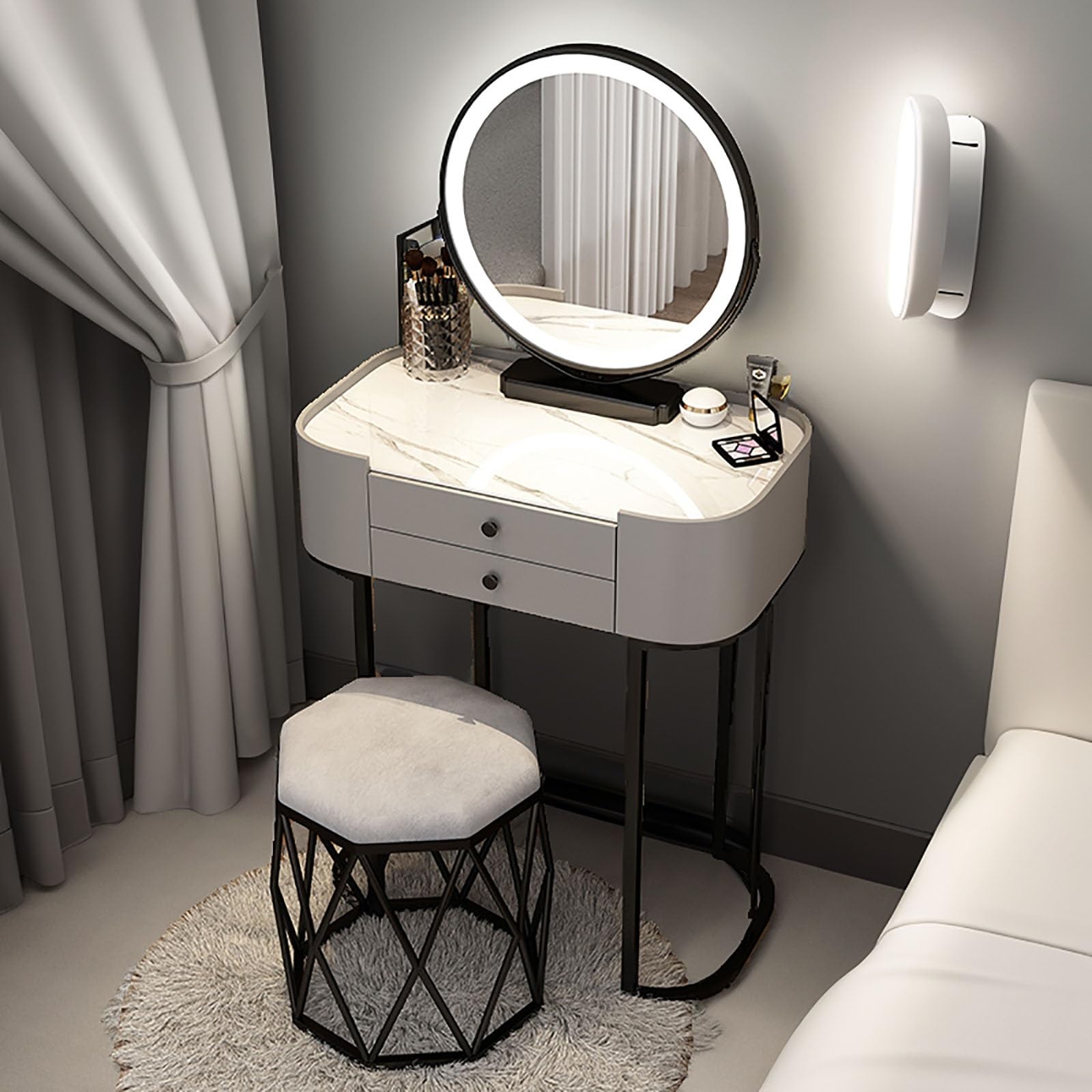asdchZen Luxury Makeup Chair & Vanity Desk Set, White Dressing Table With Tempered Glass Top, Makeup Table With Drawers, 19.6In Makeup Stool-Elegant Home Decor,Slate Color+gray-19.6in/50cm