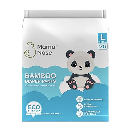 Mama Nose Bamboo Diaper Pants- Quick Absorb and Eco-friendly with Wetness Indicator, Organic diapers for Toddler Bab-Plant made Hypoallergenic Large Size Diapers Pants for Sensitive Skin (Large Pack of 26)