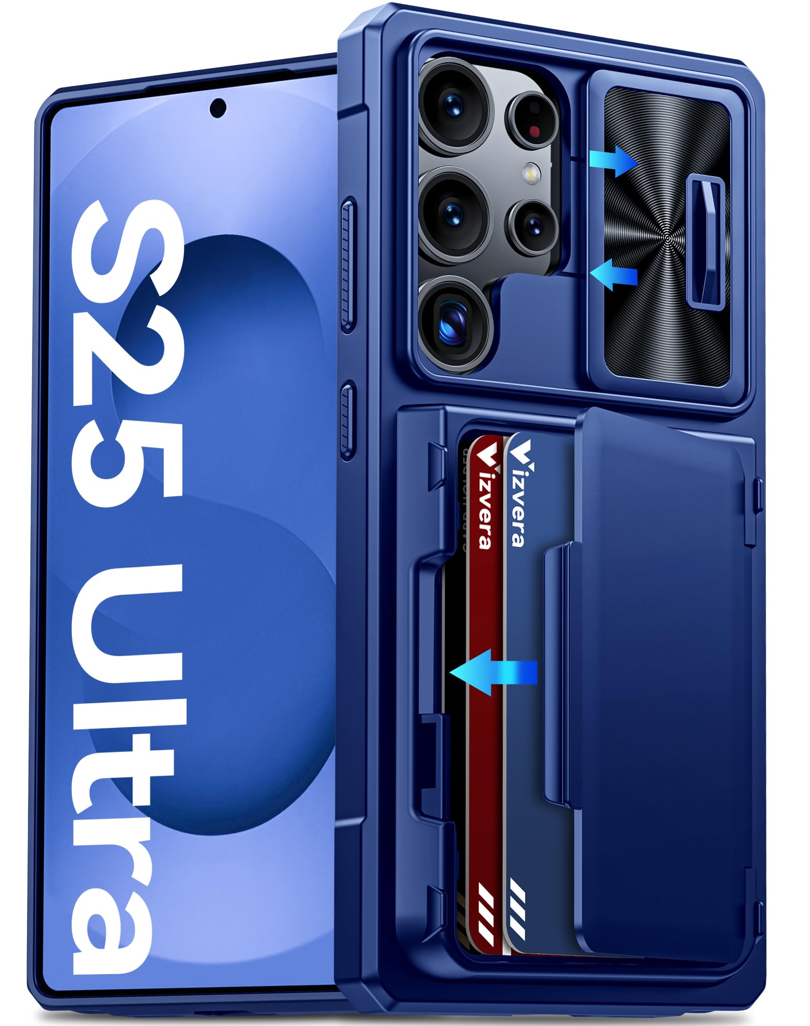 Vizvera for Samsung Galaxy S25 Ultra Case Wallet, with RFID Card Holder, Slide Camera Cover, Kickstand, Silicone Edge Military Drop Protection Rugged Shockproof Case for S25 Ultra 6.9" 2025, Blue