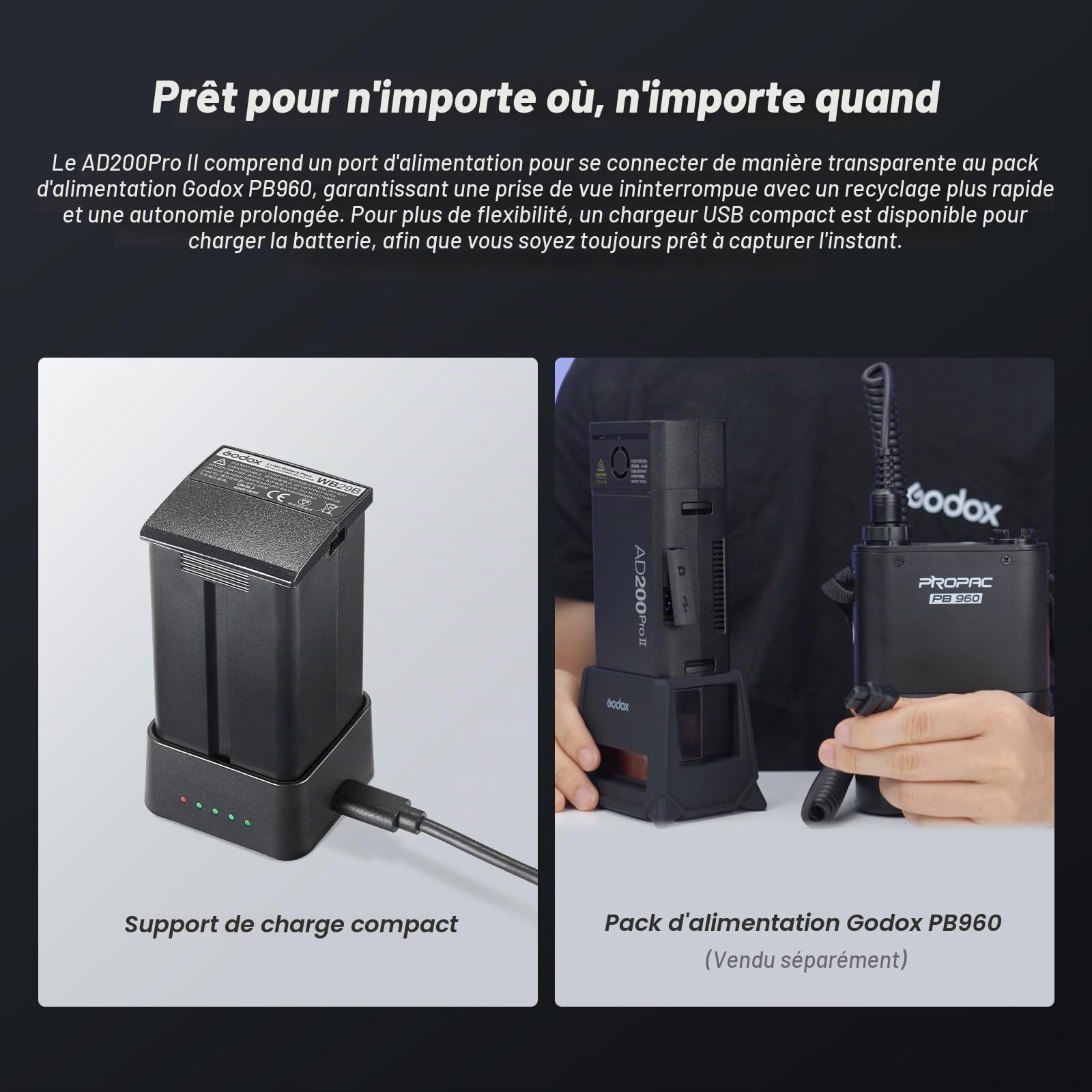 GODOX AD200ProII Flash de poche 200 W 2,4 G, 1/512 à pleine puissance, réglage de la puissance à 10 niveaux, température de couleur en mode constant ± 100 K