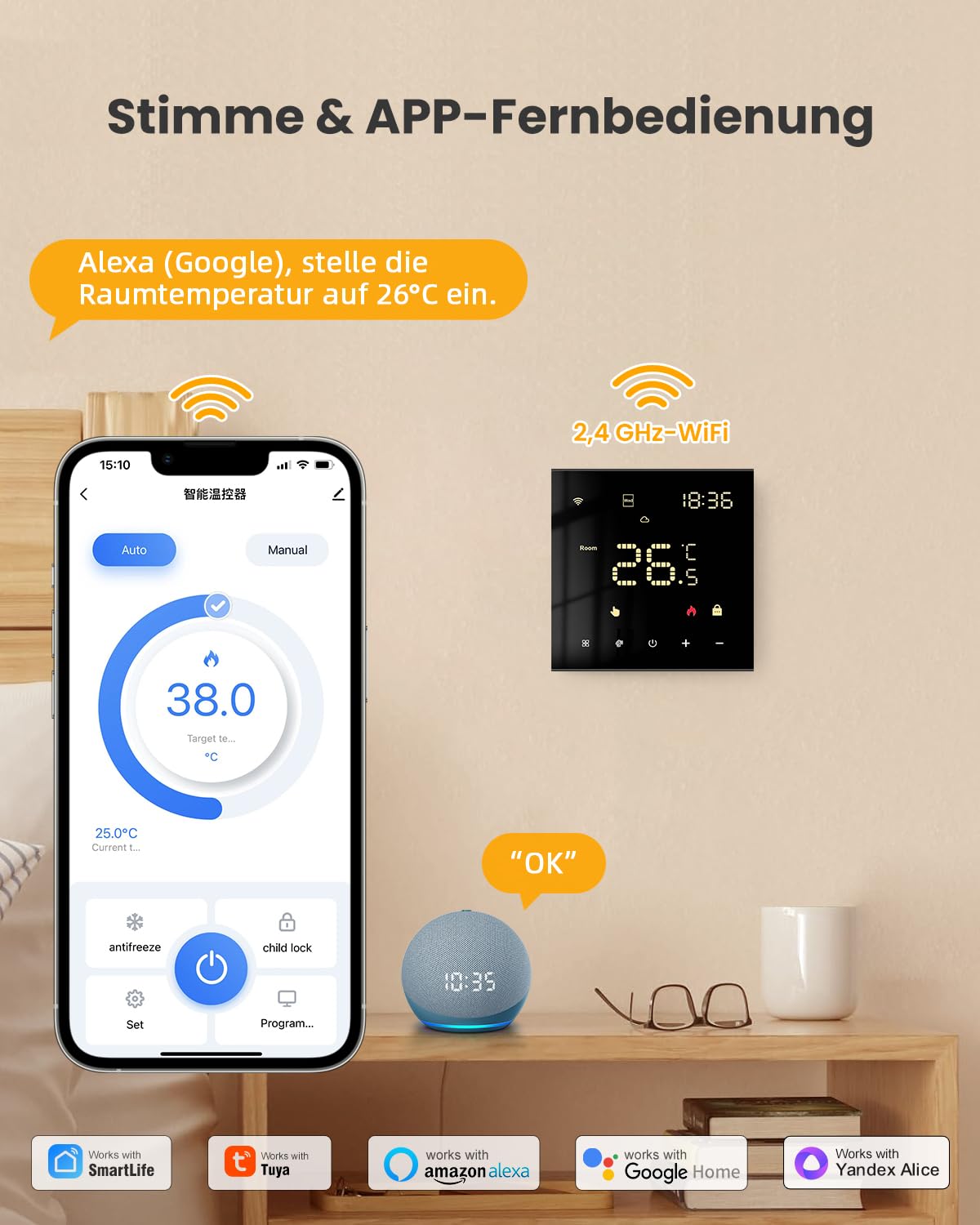 MIUCDA Termostato intelligente WiFi per riscaldamento a pavimento e caldaia a gas, termostato programmabile, termostato digitale, compatibile con Alexa, Google Home, nero