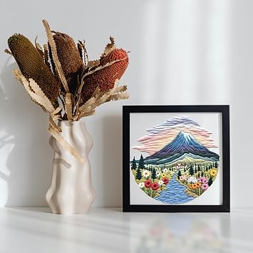 FONNUY Embroidery Kit for Beginners, Flower Hill Nature Landscape Pre-Stamped Pattern Kits for Adults with Hoop, Easy to Follow Color Thread Needlework, 8'' Hoop (Purple Blue)