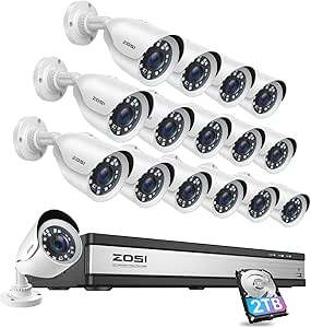 ZOSI H.265+ 1080p 16 Channel Security Camera System, 16CH DVR Recorder with 2TB Hard Drive and 16 x 1080p Weatherproof CCTV Bullet Camera Outdoor Indoor with 80ft Night Vision, Motion Alerts asin的图片