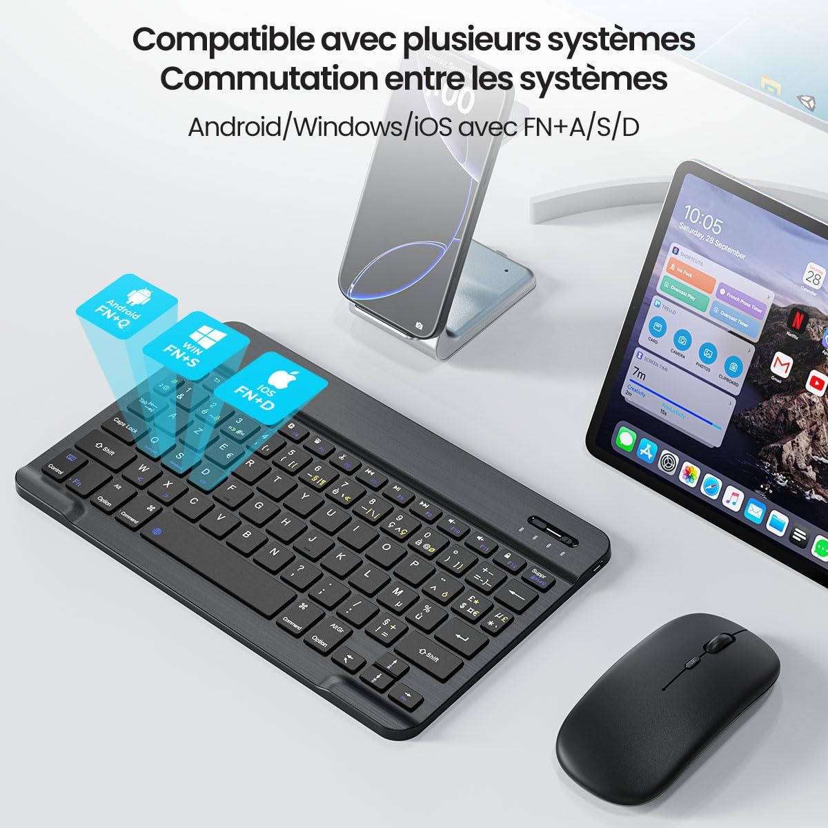 PINKCAT Clavier et Souris sans Fil Bluetooth, Clavier Ergonomique ultrafin avec Batterie Rechargeable Intégrée pour iOS, Mac, iPad, Windows et Systèmes d'exploitation Android 3.0, AZERTY Français