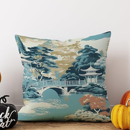 Miniatura 7 de Zyadsinoudor Asian Style Throw Pillow Case Blue Pagoda Chinoiserie Pillowcase Traditional Oriental 22x22in Decorative Pillow Home Cotton Linen