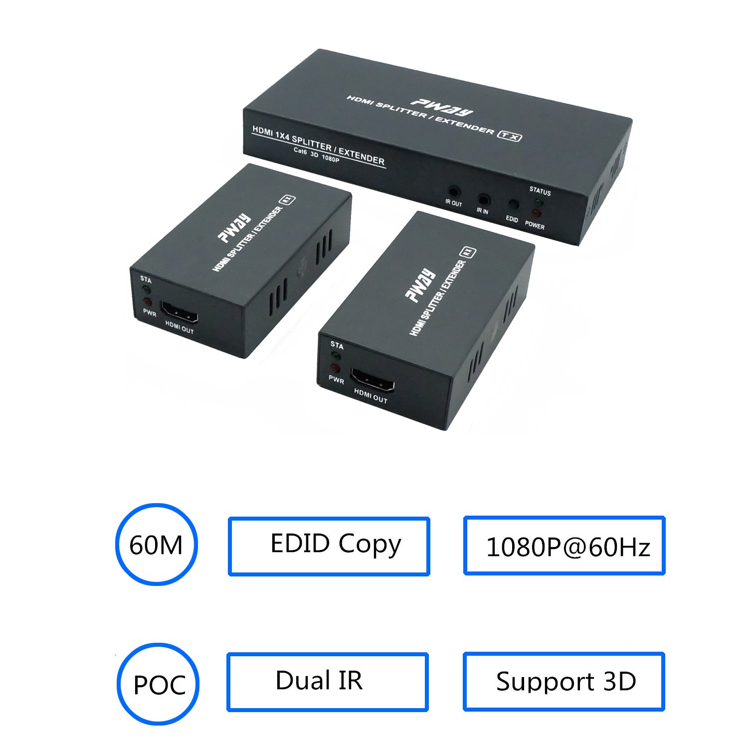 PWAY PW-HTS0102IR(POC) 1X2 Splitter HDMI Extender Over Cat6 Ethernet Cavo con Senza Ritardo Telecomando a 60m/196ft 1080P IR Controllo(20-60Hz) （1 in 2 out）