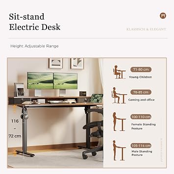 Klicelor Electric Height Adjustable Desk, with 2 Fabric Drawers, 120x60cm | 72-116cm Height, Stable Sit-Stand Standing Desk w. 2 Memory Buttons, Computer Desk for Home Office, 2 pcs Desktops, Brown