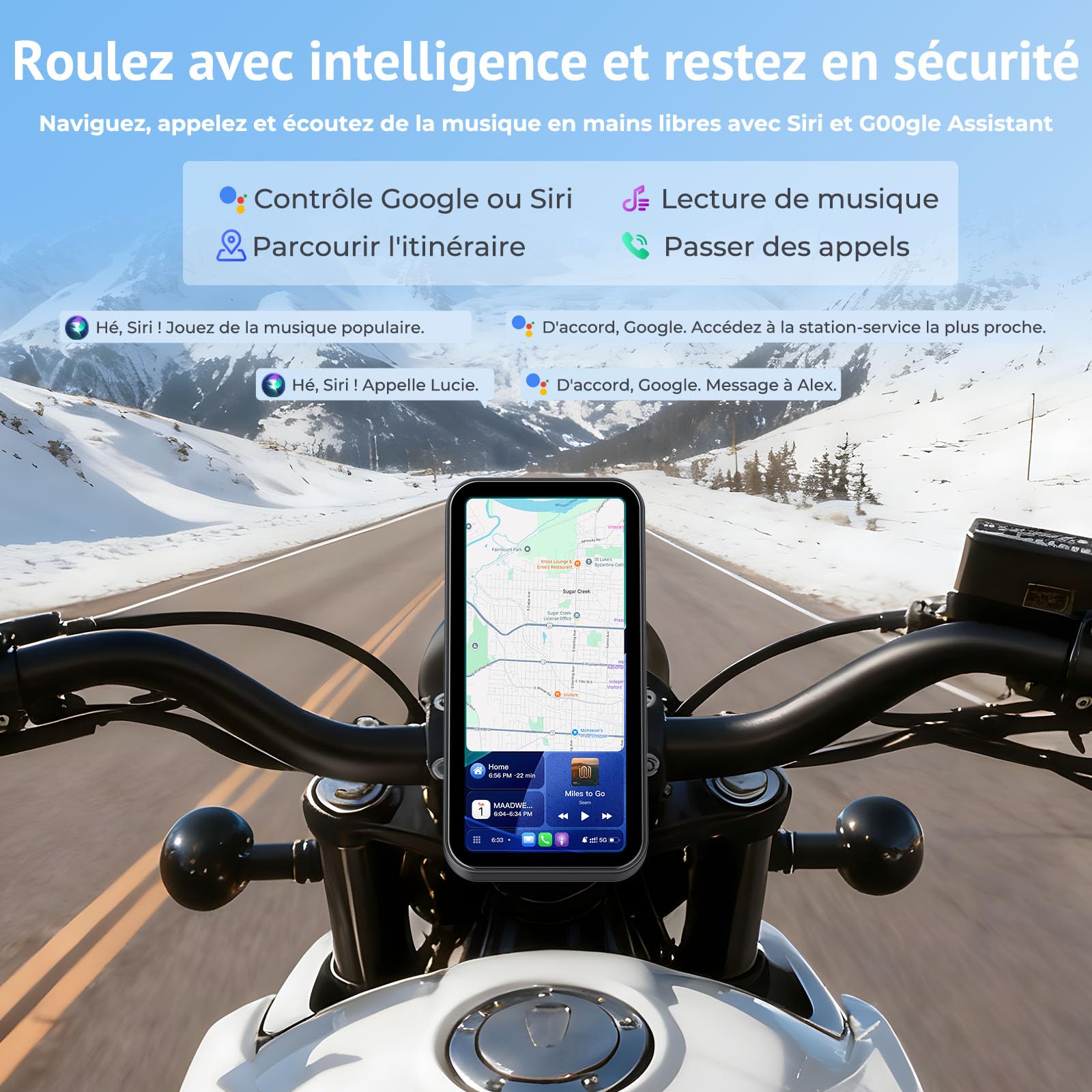 Écran Moto CarPlay sans Fil 6,25" Touchscreen, IP67 étanche,TPMS | Compatible avec Apple CarPlay & Android Auto,Navigation,Commande vocale,Dual Bluetooth,Alimentation USB/ACC