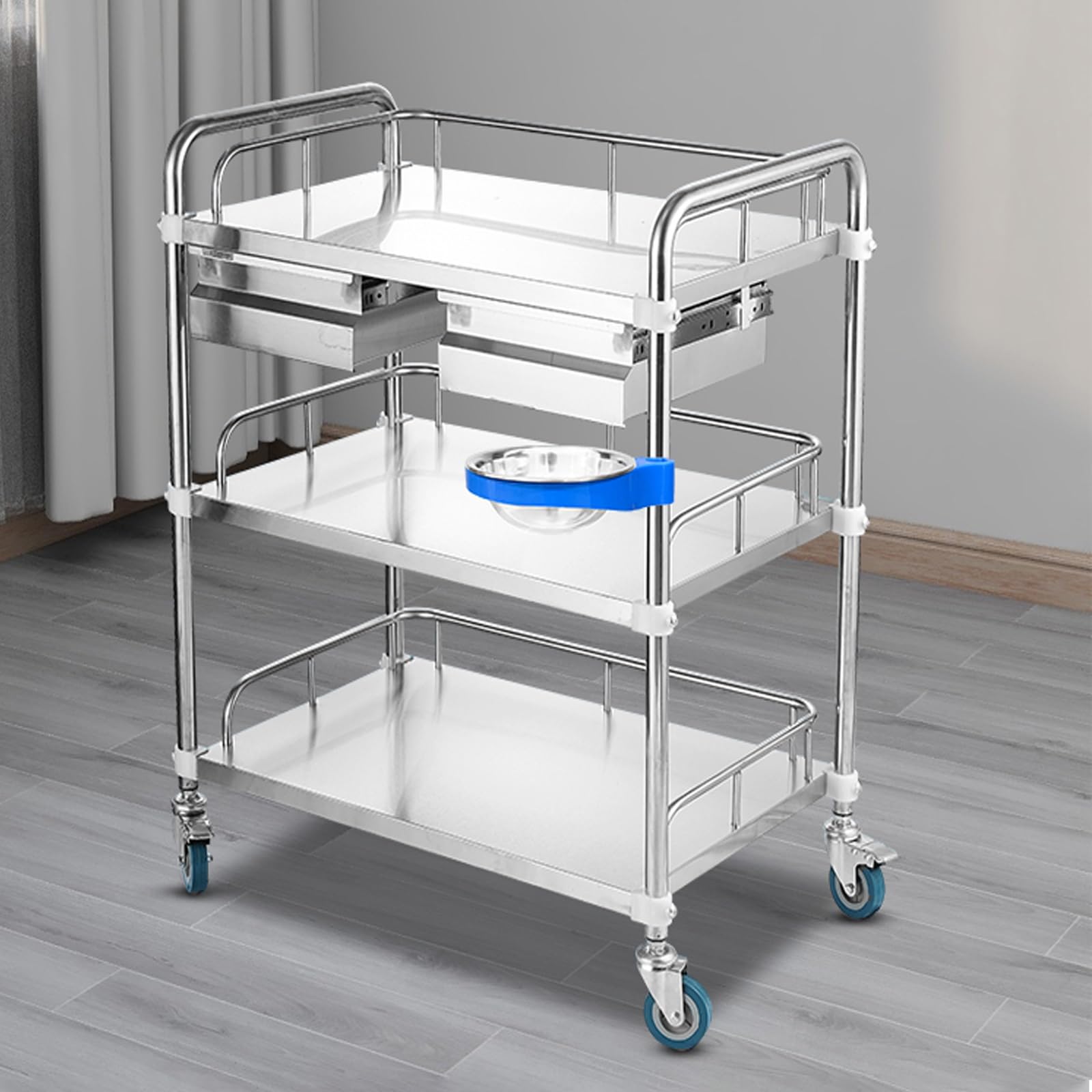 Labor-Servierwagen, 3-lagiger Rollwagen Aus Edelstahl Mit Zwei Schubladen Zahnarztwagen Mit Feststellbaren Rädern Und Einem Eimer, Für Labor, Krankenhaus, Zahnarztgebrauch(60x40x86cm)