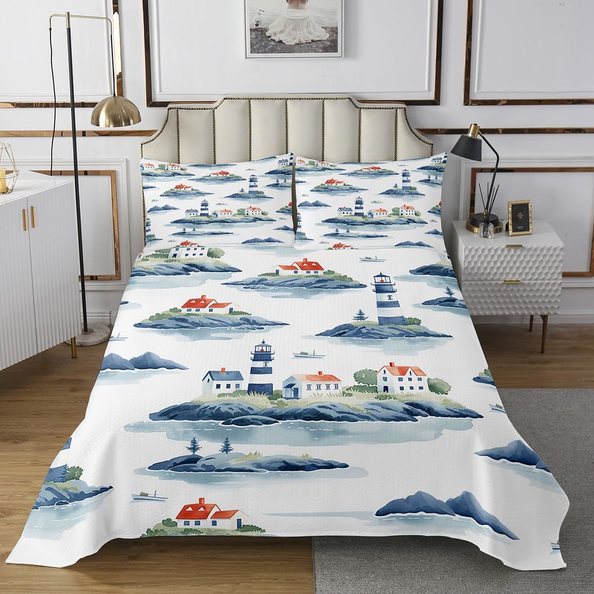 Set di biancheria da letto con copriletto trapuntato con faro nautico e città sul mare, per bambini, adolescenti, adulti, stile retrò, set di biancheria da letto, set da 2 pezzi