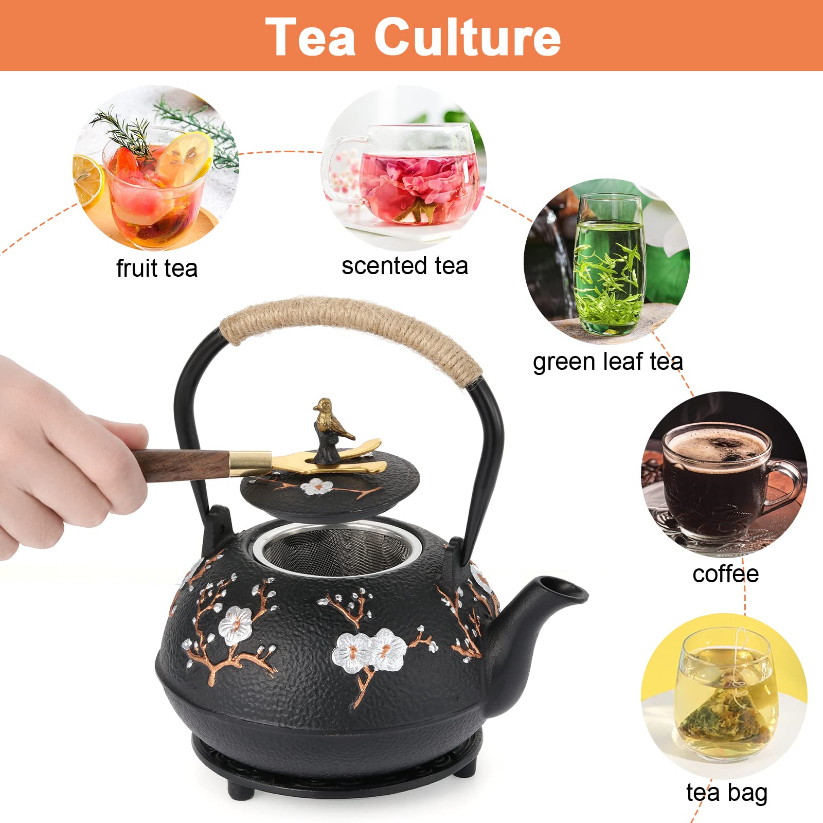 Dyna-Living Gusseisen-Teekanne, 1200 ml japanischer Tetsubin-Teekessel mit Teesieb, glänzende Emaille innen, Teekannenhalter, Heimgesundheit Eisentopf für Herd