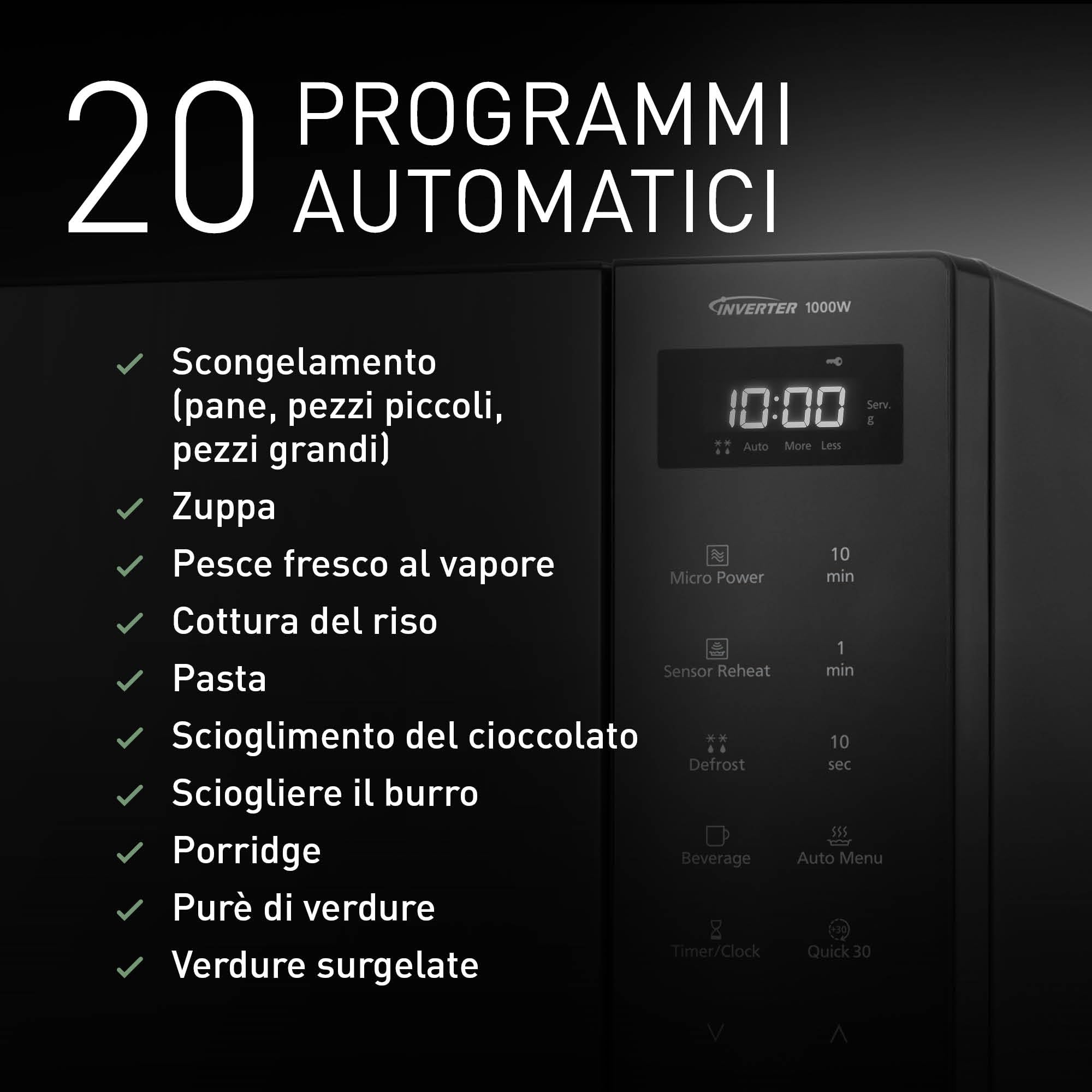 Panasonic NN-ST65QBEPG Microonde Solo Inverter 32L, 1000 Watt Potenza, Tecnologia Genius Sensor, 20 Programmi Auto, Funzione Quick 30, Controllo Touch, Grande Piatto Girevole, Nero