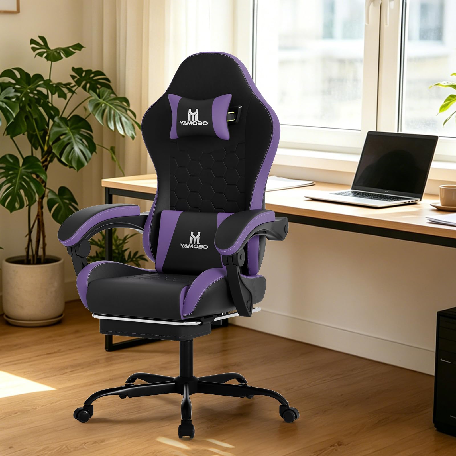 Gaming Stuhl Ergonomisch Gamer Stuhl mit Fußstütze Kopfstütze und Massage Lendenstütze Racing Gaming Chair mit Höhenverstellbaren Gamingsessel 135° neigbar 150 KG SchwarzLila