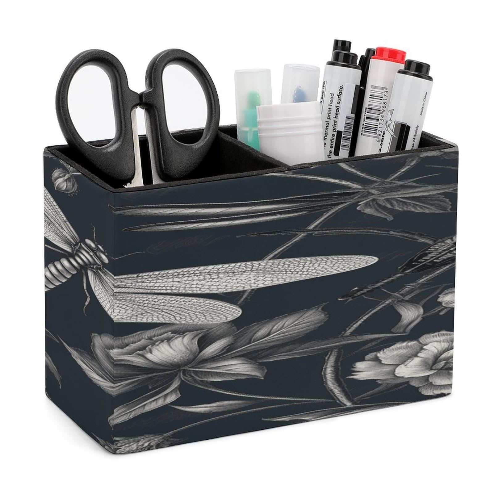 LZQPOEAS Black Flowers And Dragonfly Pen Holder Double Compartments Pen Cup Makeup Brush Holders Leather Pencil Holder Locker Organizer for Work Locker Accessories Modern Pencil Cup for Desk