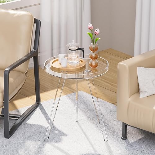 Miniatura 5 de Mesa auxiliar de acrílico transparente, mesa auxiliar redonda, mesita de noche, mesita de noche, círculo pequeño con bandeja para sala de estar,