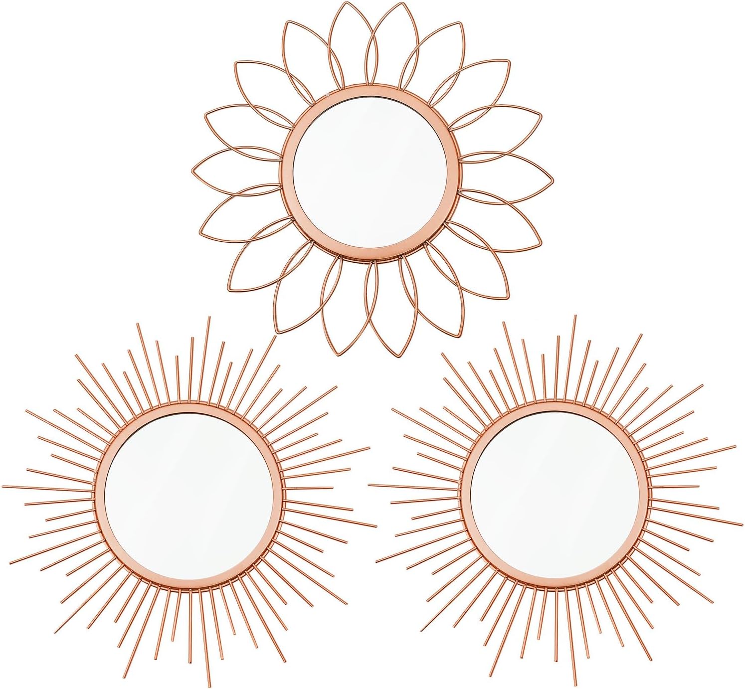 3 Pack Metal Mirrors for Wall Sunburst Wall Mirrors Home Décor Decorative Hanging Wall Art for Living Room Bedroom Entryway (Rose Gold, Flower+Sunburst) Rose Gold Flower+Sunburst