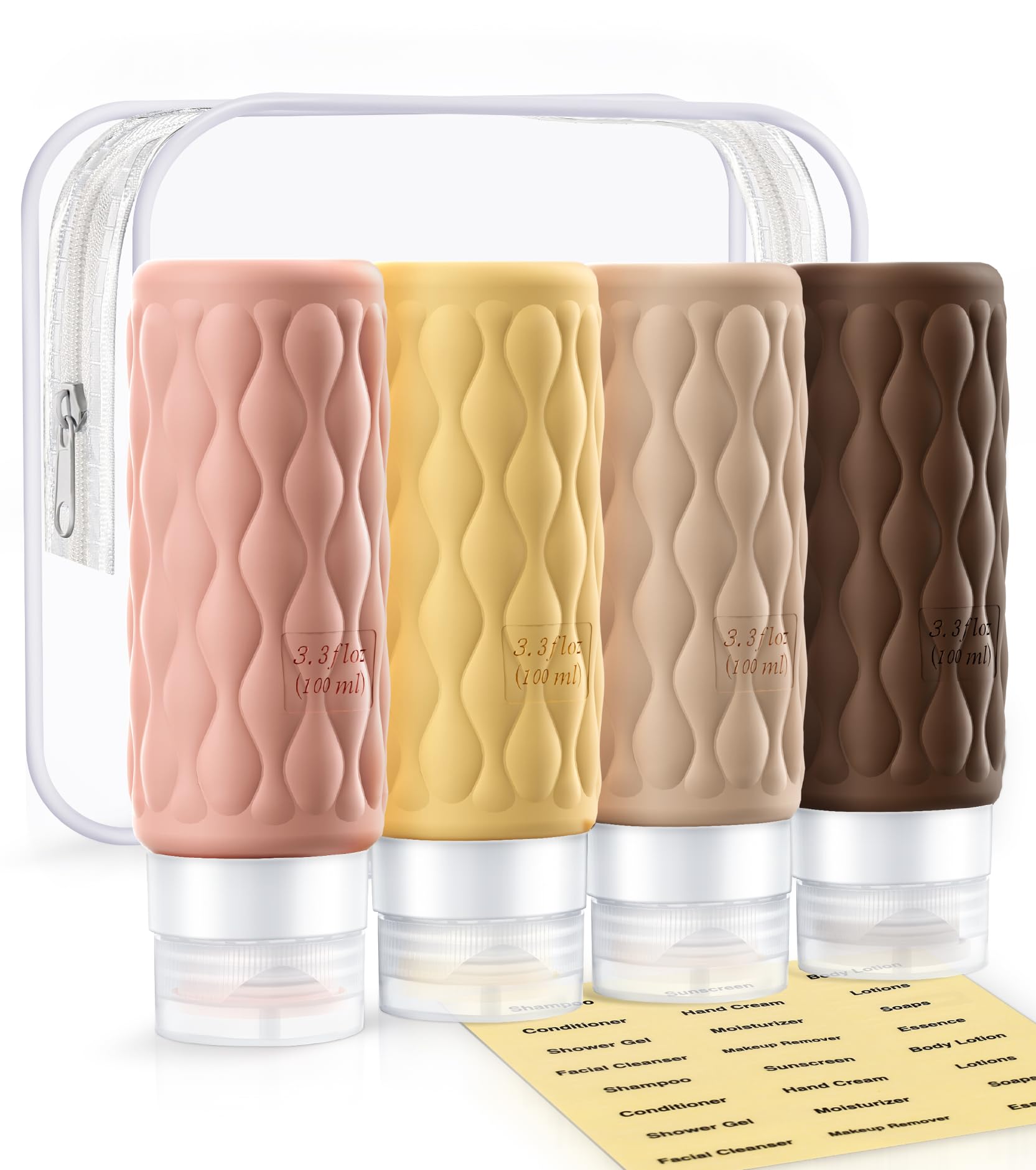 Colelulu Travel Bottles for Toiletries, 3.4 oz TSA Approved Silicone Travel Shampoo Bottles with Clear Toiletry Bag and Label, Travel Essentials for Shampoo and Conditioner, Cream