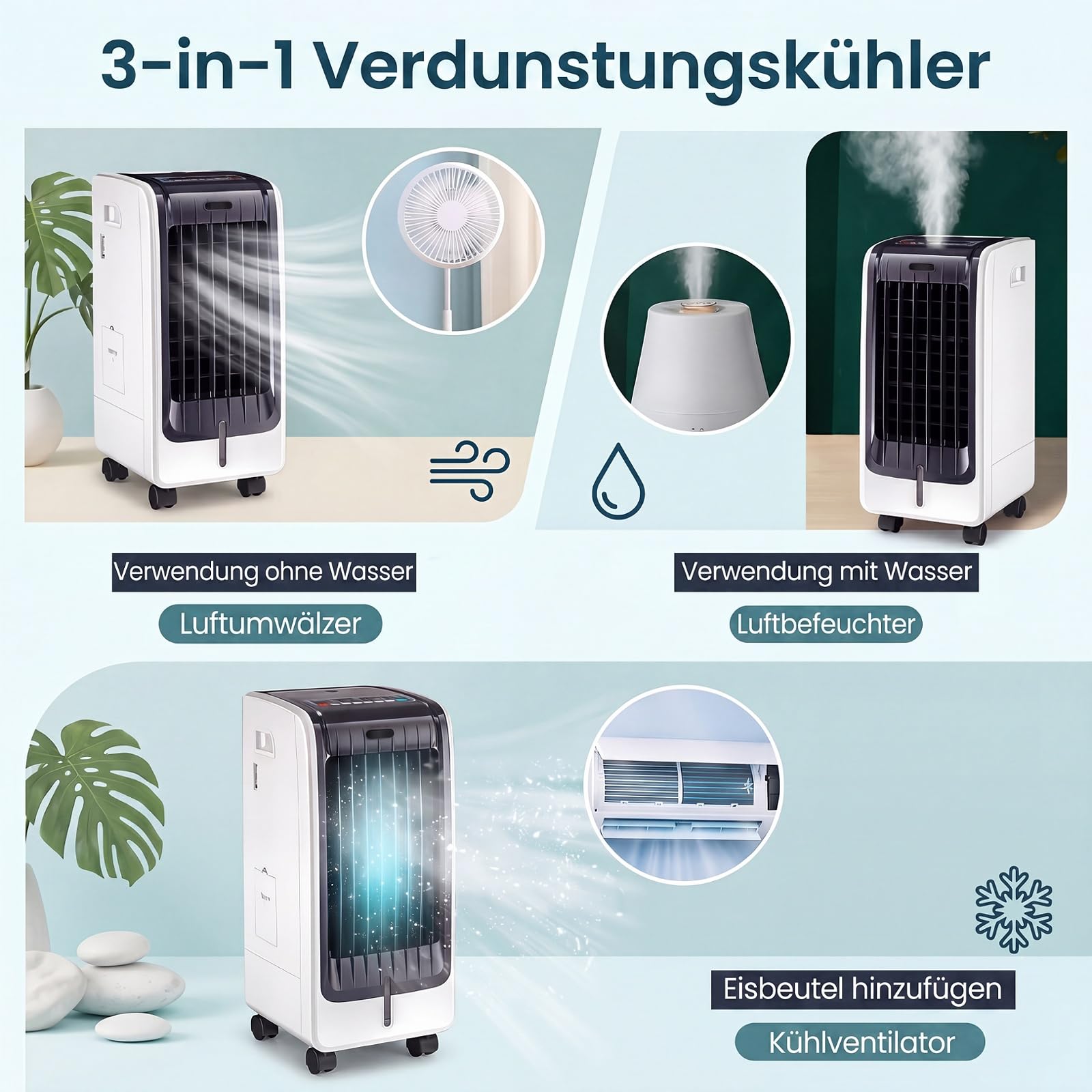 GYMAX 3 in 1 Mobiles Klimagerät, Luftkühler mit Kühlen, Ventilator, Luftreinigung & Luftbefeuchter, 75W Klimaanlage ohne Abluftschlauch mit 3 Geschwindigkeiten, 6L Wassertank, Timer