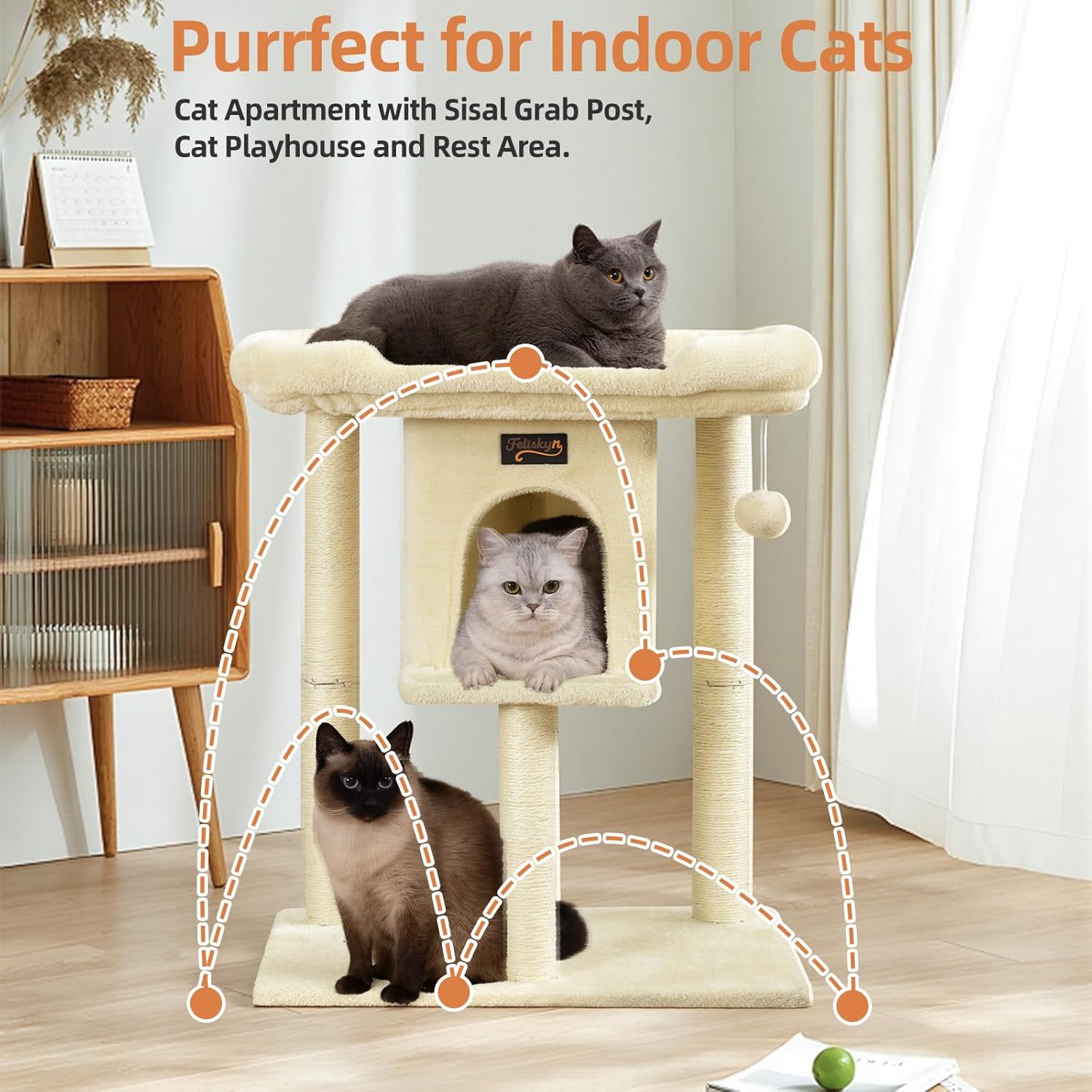 Cat Tree Tower Scratching Post for Indoor Large Cats, Small Cat Tree with Big Perch Bed, 28in Tall Trees House with Condo Cave, Toy Balls, Modern Climbing Furniture Platform for Kitten (Beige)