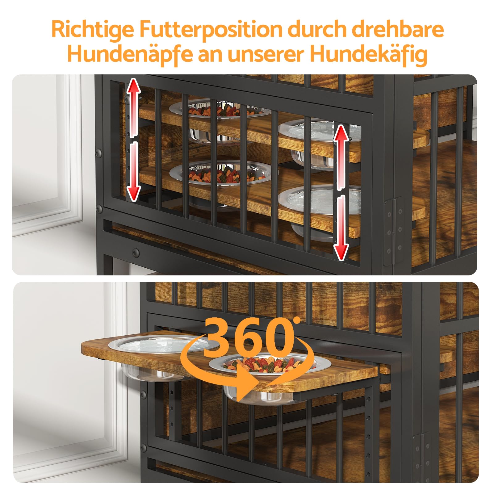 Hundekäfig Möbel mit Lagerregal, 99x58x96,5cm, Hundebox Möbel mit 360° Drehbaren Hundenäpfen und mit Rädern, Hochbelastbarer Hundekäfig für Zuhause, Hundeschrank für große und mittlere Hunde