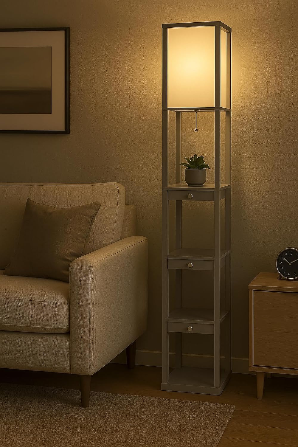 Urban Lifestyle Modern Grey Shelf Floor Lamp with Fabric Shade, Tall Standing Lamp with 3-Tier Storage Shelves, Pull Chain,Ideal for Living Room, Bedroom, Office