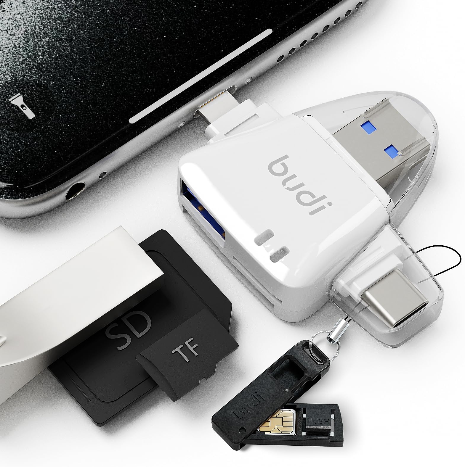 SD Card Reader for iPhone, 6-in-1 Micro SD TF Memory Card Reader Trail Camera Viewerport Adapter,Compatible with ipad/Android/Mac/Computer/Camera(White)
