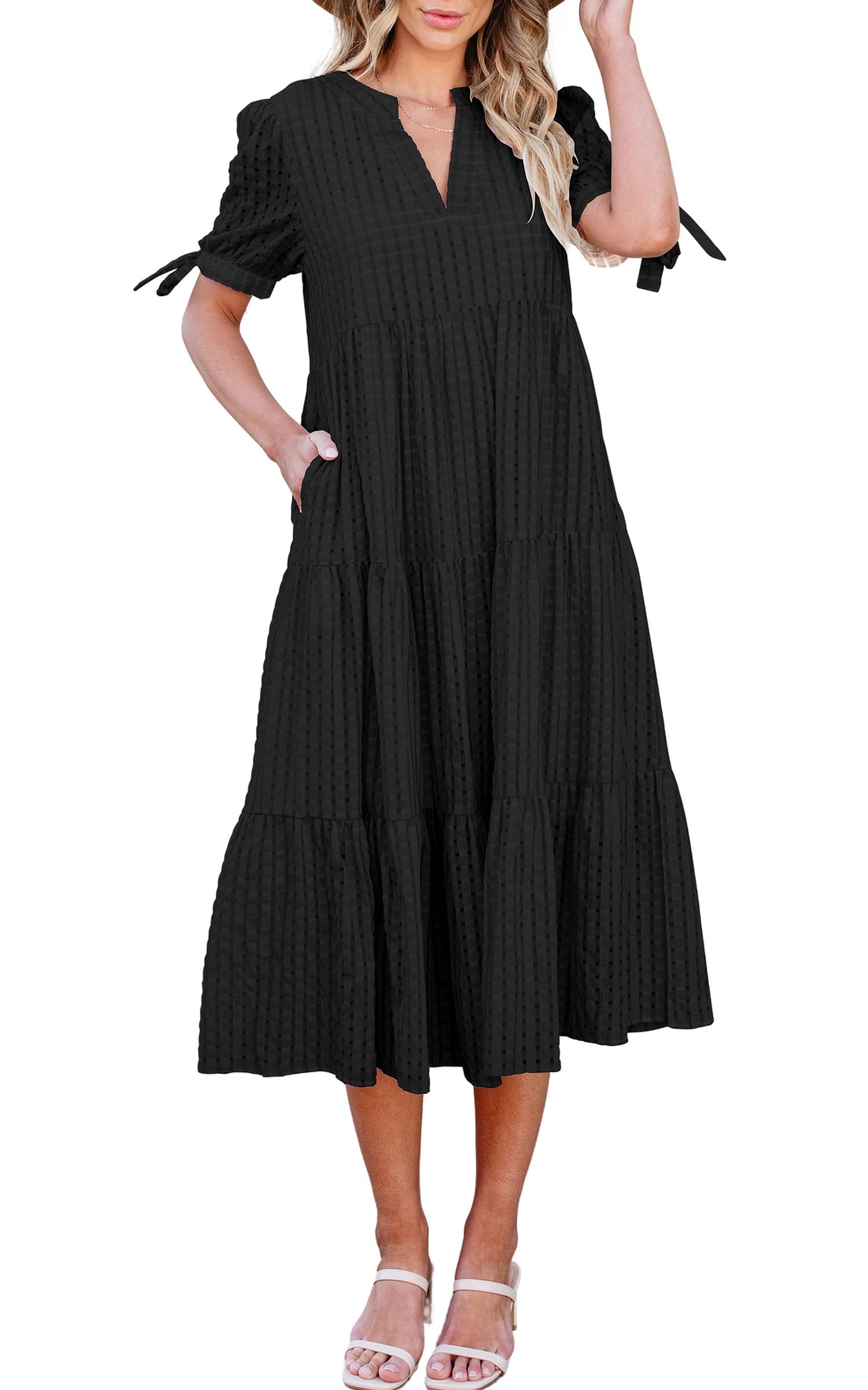 ECOWISH Women Summer Casual Dress - V Neck Short Sleeve Gingham Midi Pleated Tiered Loose Fit Holiday Picnic Dresses