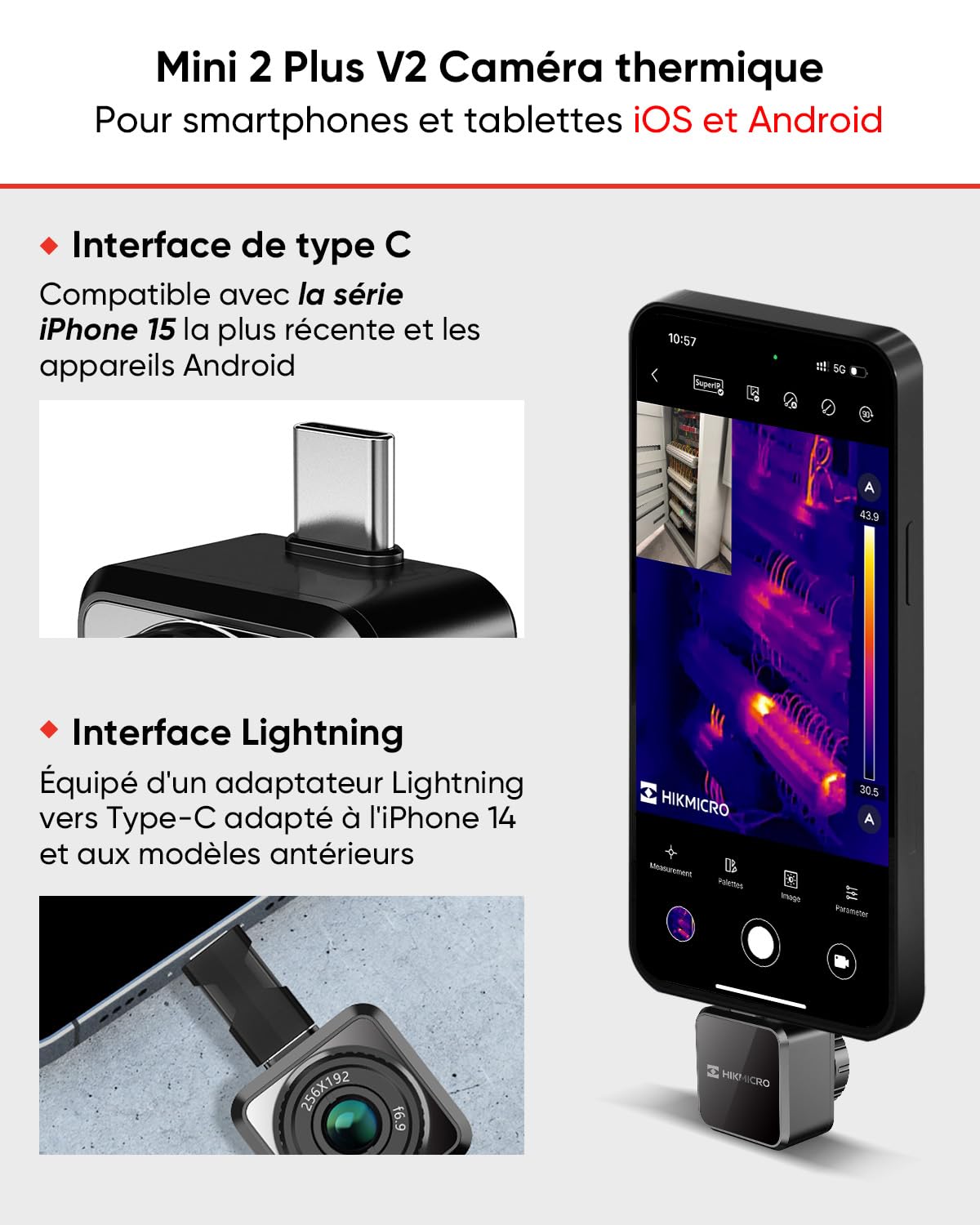 HIKMICRO Mini2Plus V2 Caméra Thermique - iOS/Android, imagerie Thermique Infrarouge avec résolution IR 256x192, SuperIR 512x384, Mise au Point Manuelle, 25Hz, USB-C/Lightning (supporte iPhone 16/17)