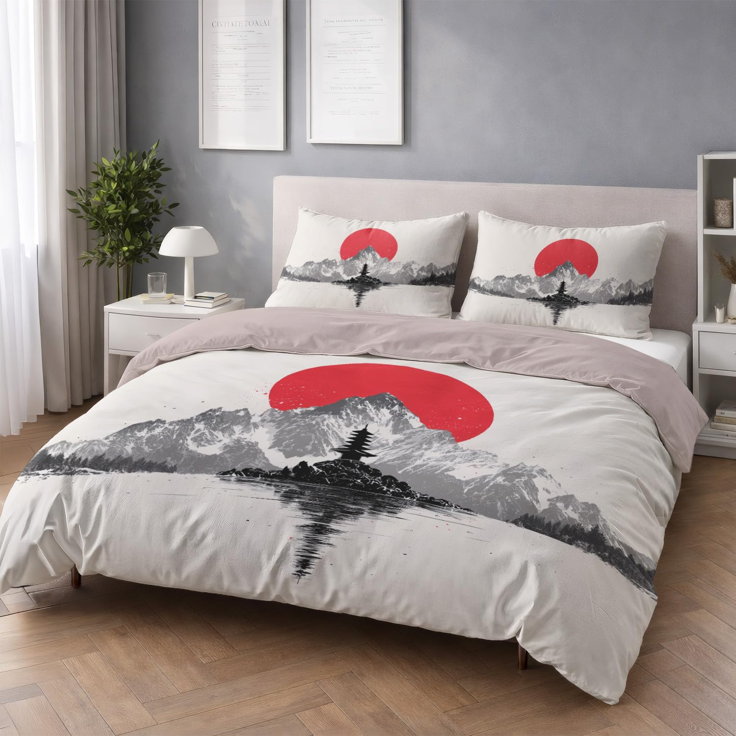 Czerwony klasyczny tradycyjny minimalistyczny zestaw poszewek na kołdrę Pagoda, 3 sztuki, 240 x 220 cm - zestaw pościeli z miękkiej mikrofibry, z zamkiem błyskawicznym i poszewkami na poduszki, można