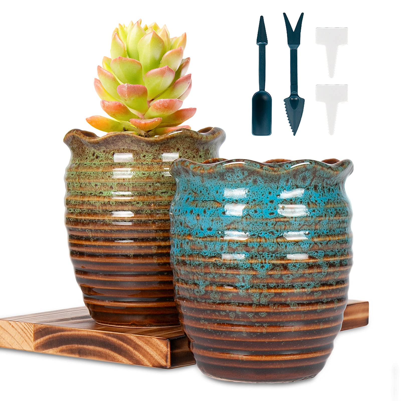 Livabber Sukkulententöpfe 12,7 Cm – 2er-Set, Glasierte Keramik, Mit Drainageloch, Grün & Blau
