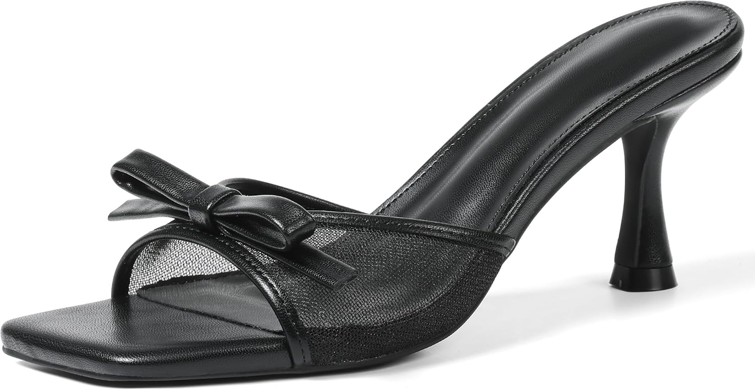 Attiposh Womens Heeled Sandals Open Square Toe Kitten Heels Sandals Slip On Bow Mesh Mules Heels Comfortable Dress Shoes for Party Wedding