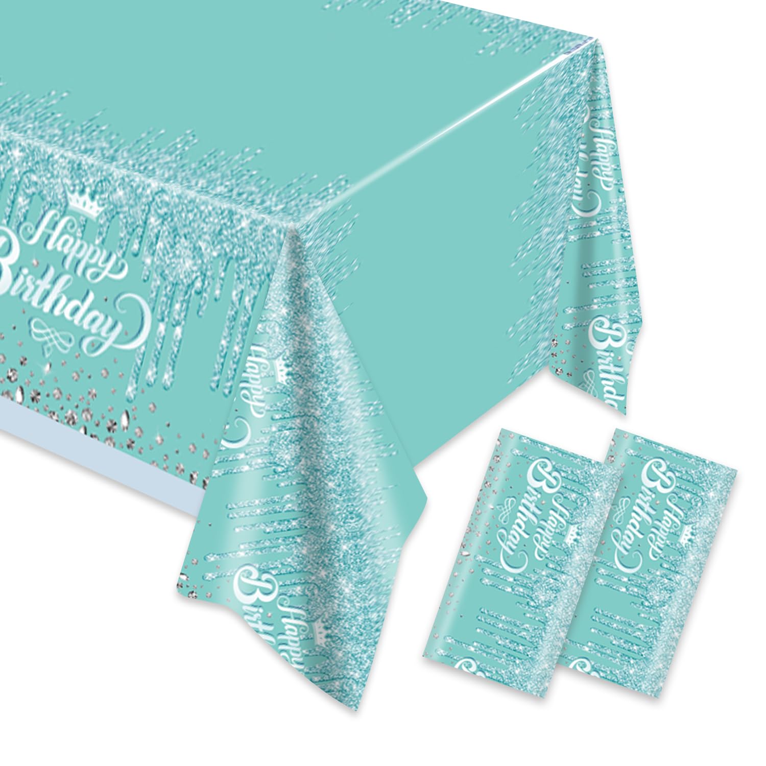 2pcs Teal and Silver Happy Birthday Party Tablecloth Glitter Diamonds Happy Birthday Tablecloth boy girl Party Supplies Decorations 70 inches x 51