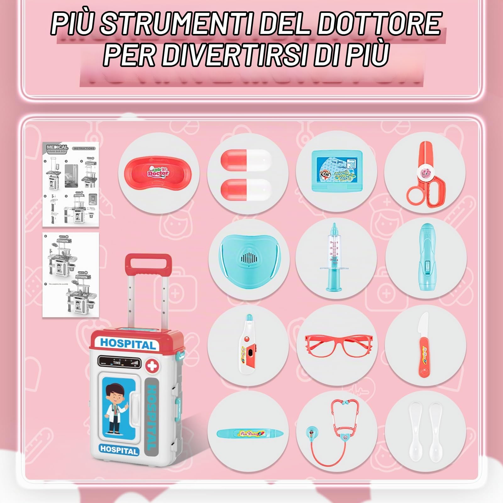 deAO Kit Medico Giocattolo Dottore, con Stetoscopio Siringa Suoni e Luci | Stazioni Mediche Valigetta con Microscopio, Simulazione Dottore Medico, Gioco di Ruolo, Regalo Compleanno Natale