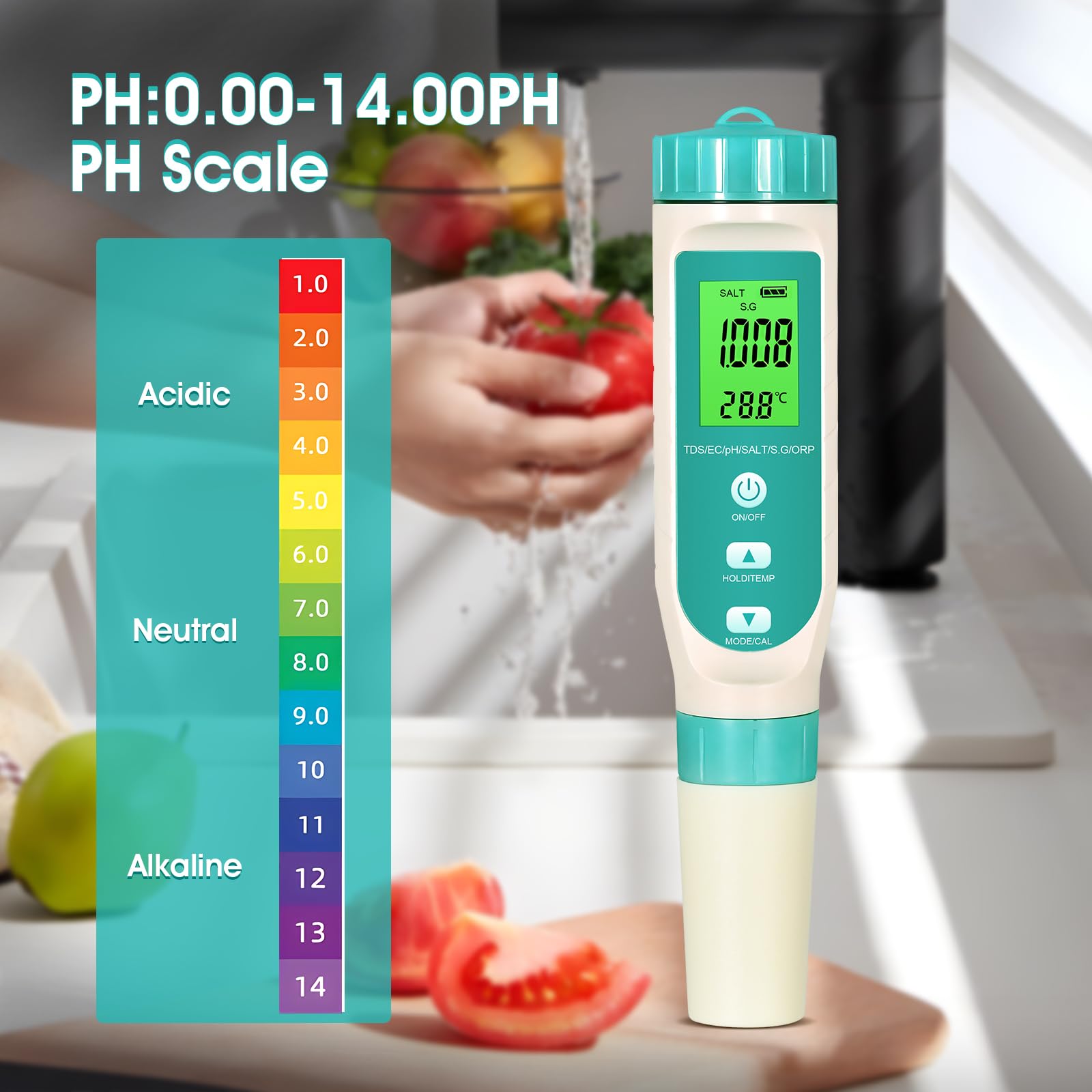 Testeur de qualité de l'eau T8-W7L – Appareil de mesure 7 en 1 pH/TDS/EC/sel/ORP/SG/température | Étanchéité IP67 | Calibrage ATC | Écran LED rétroéclairé pour aquarium, hydroponie, jardin