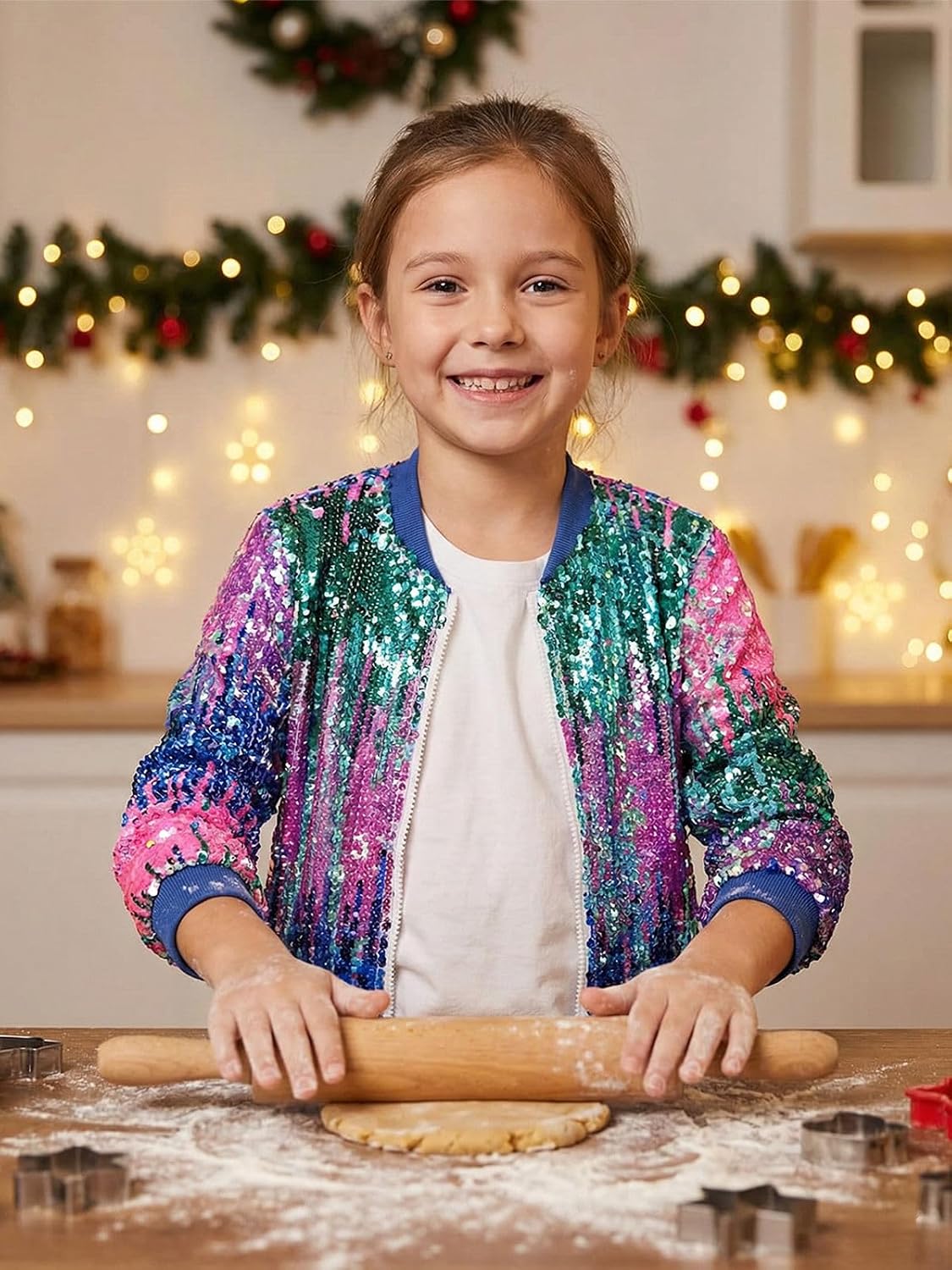 WELAKEN Girls' Ombre Sequin Bomber Jacket with Pockets Lightweight Sparkle Long Sleeve Zipper Gradient Jackets for Kid