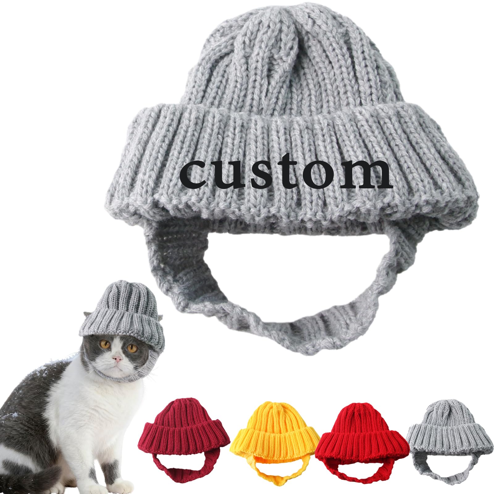 Custom Embroidered Pet Knit Hat - Personalized Winter Warm Knitted Dog & Cat Hat with Ear Holes, Cozy Soft Stretchy Beanie for Small Medium Pets, Holiday Photo Decoration Accessory (Gray, S)