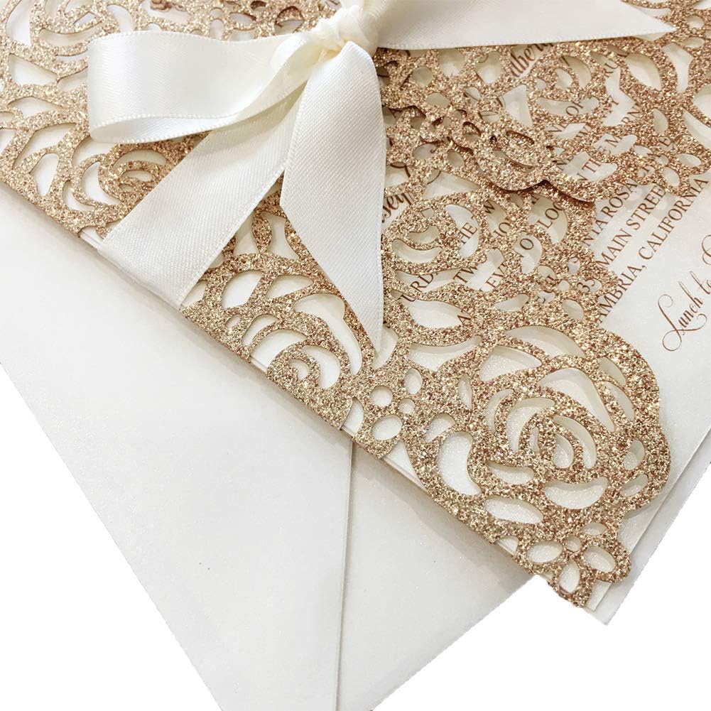 25PCS Wedding Invitations with Envelopes 128 x 185mm Lasercut Lace Gold Wedding Invitations Kit for Wedding Party, Bridal Shower