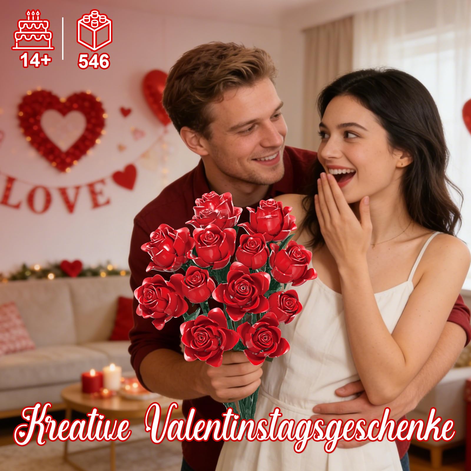 Rot Rosenstrauß Bausatz, 12 Künstliche Rosen Klemmbausteine Blumen (546PCS) | Geschenk für Ihn Sie zum Valentinstag, Botanicals Blumenstrauß, Geschenk für Geburtstag, Jahrestag, Muttertag, Heimdekoration