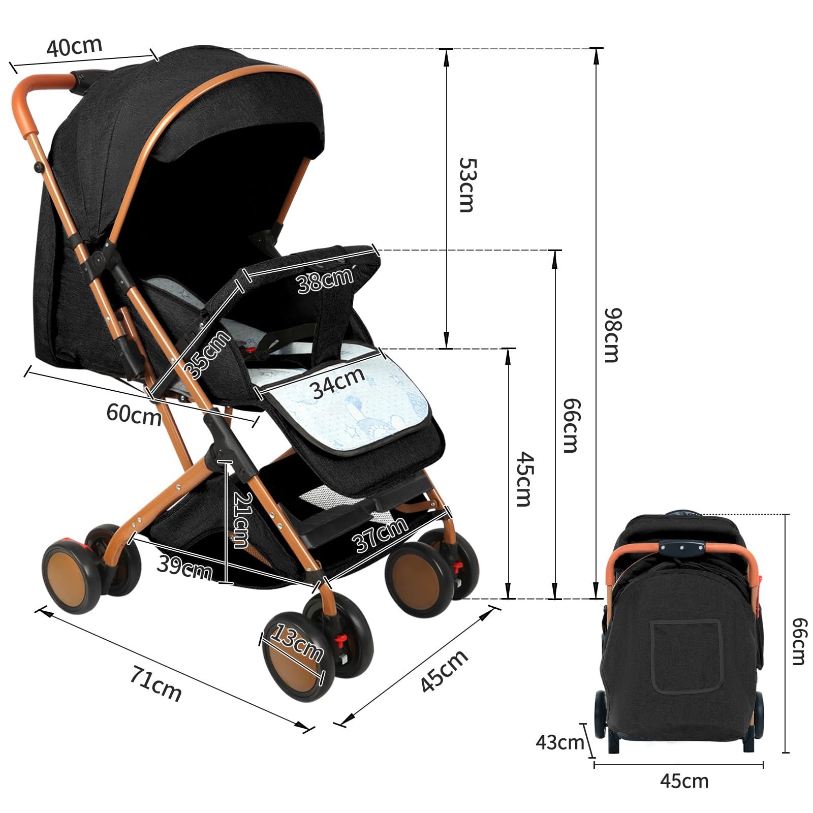 Homewell Passeggino Pieghevole per Bambini 0-6 Anni, Sdraiati Piatti, Pieghevole Una Mano, Cintura Sicurezza, Tettuccio Parasole (Nero)