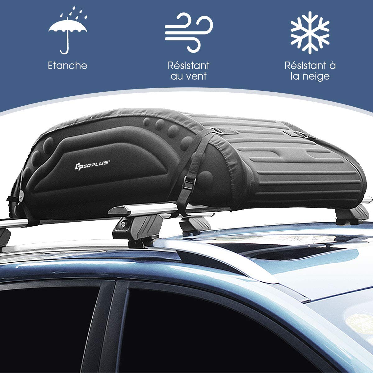 GOPLUS Coffre de Toit Voiture Pliable, 4 Cordons d’Attachement, Sac de Toit Voiture Utilisable avec ou sans Barre de Toit, Surface Imperméable, Charge 60KG, Sac de Transport, Sangle de Sécurité Dedans