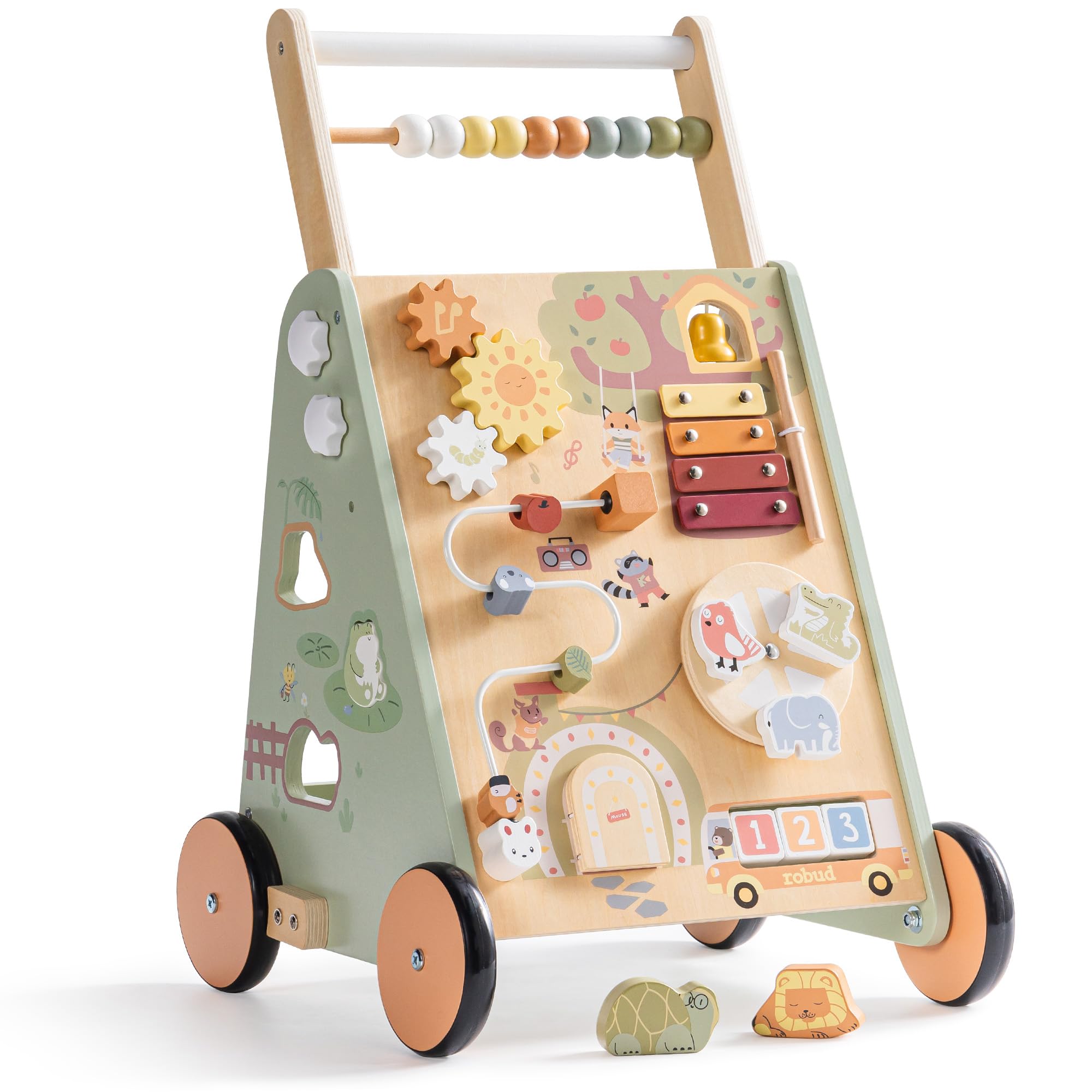 ROBUD Andador de madera para bebés para niños pequeños, juguete multifuncional 8 en 1 con centro de actividades, gran espacio de almacenamiento, control de altura y velocidad, andador educativo de