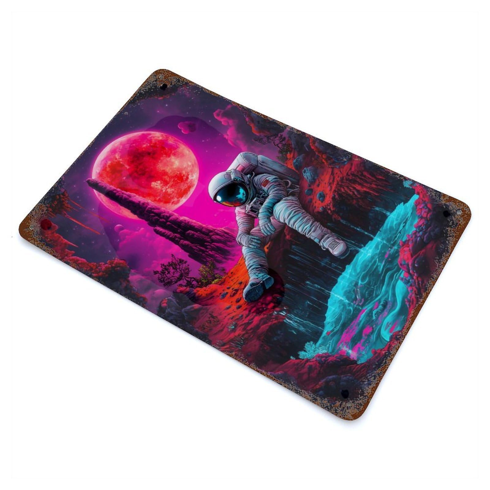 Astronaut Under Red Moon 11.8"x7.9" Aged Metal Wall Plaque, Novelty Wall Decor for Shed, Workshop And Garage Wall Decor