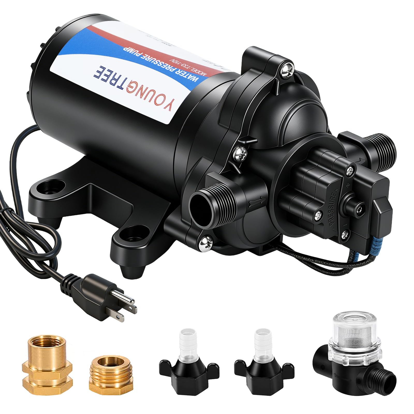 YOUNGTREE RV Water Pressure Diaphragm Pump 110V 4.0GPM 50PSI On Demand Fresh Water Transfer Pump 110Volt AC with Garden Hose Adapters for Irrigation Home Pool Draining Sprinkler
