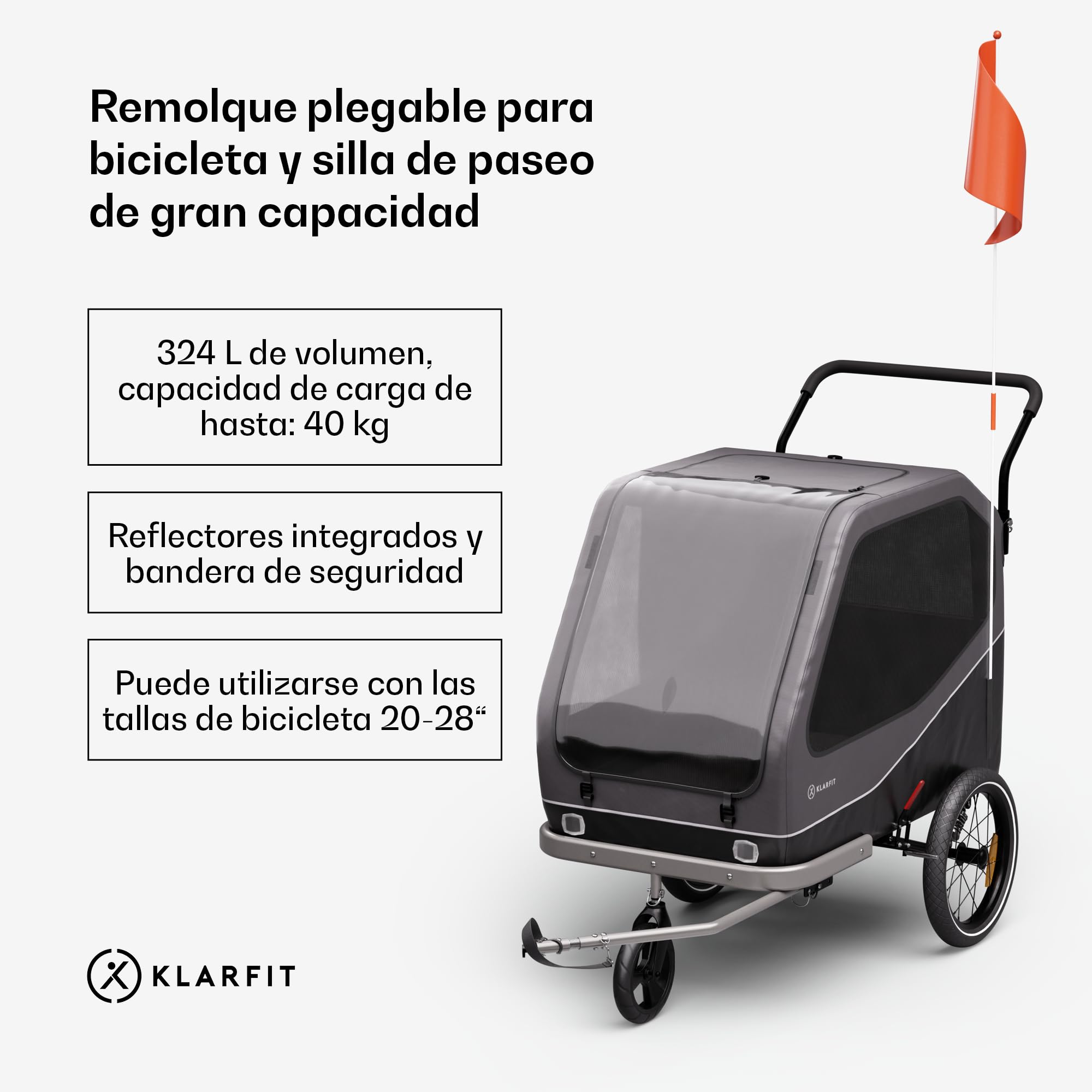 Klarfit Goldie Cochecito Remolque Bicicleta Perros, onvertible en Silla de Paseo, 324L Volumen, Impermeable, Frenos y reflectores Integrados, Carga máxima 40kg, Negro
