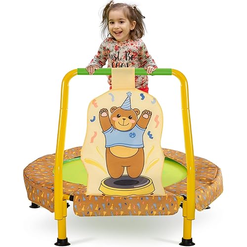 WMK 36inch Indoor Mini Toddler Trampoline for Kids Ages 3-10, 3ft Foldable Small Trampoline with Adjustable Handle Bar, Sturdy Frame & Padded Frame Cover, Yellow