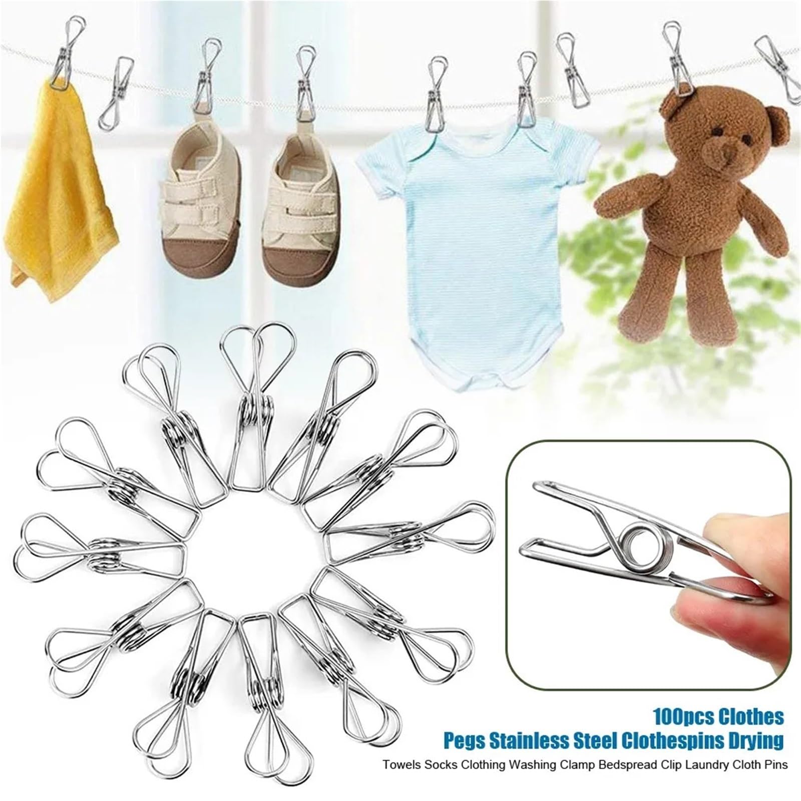 Mollette Per Bucato Mollette for bucato in acciaio inossidabile, 100 pezzi, 6 cm, clip di tenuta, organizer da cucina in metallo, portautensili